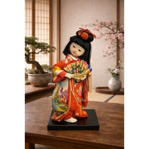 Vintage Japanese Doll Ichimatsu Red Silk Kimono 1960s